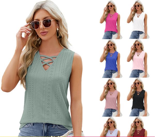 Indossare un gilet sexy Trend T-shirt Solido colore a V-Neck Tie Spring Summer 2024 New Women's Top