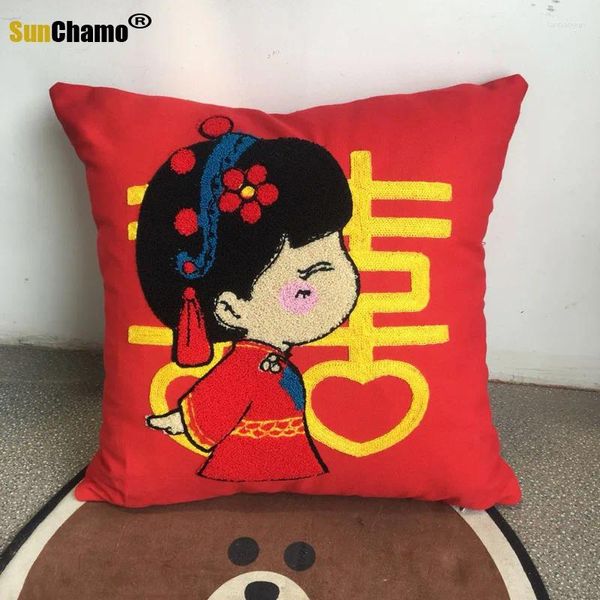 Travesseiro grande estilo vermelho chinês bordado sala de casamento presente dupla felicidade abraçando caso