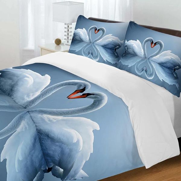 Bettwäsche -Sets Doppelbett -Bettdecke 3D -Bettwäsche weiße Schwan bedruckte Leinen weiche Paar Schlafzimmer Bettwäsche mit Kissenbezügen