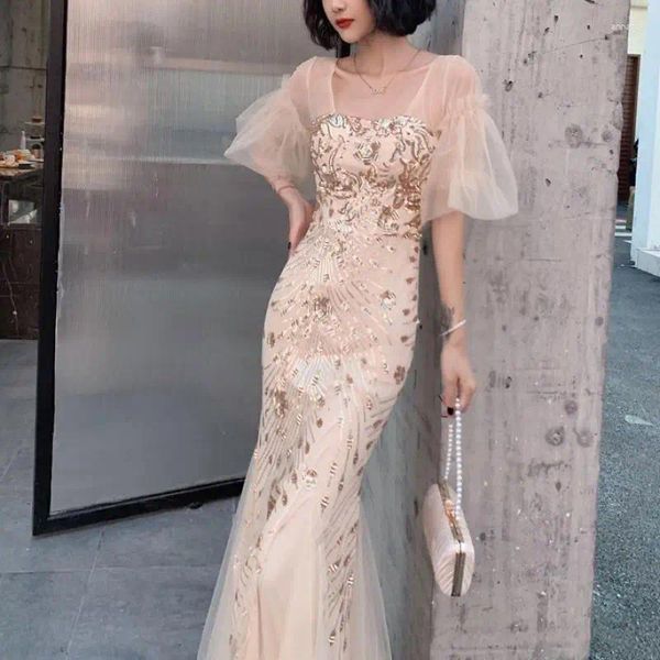 Abiti per feste Glitter Crystal Remodery Flower Sermaid Dress for Women Gold Luxury Ladies Maxi Gala Tulle Abiti da sposa femminile