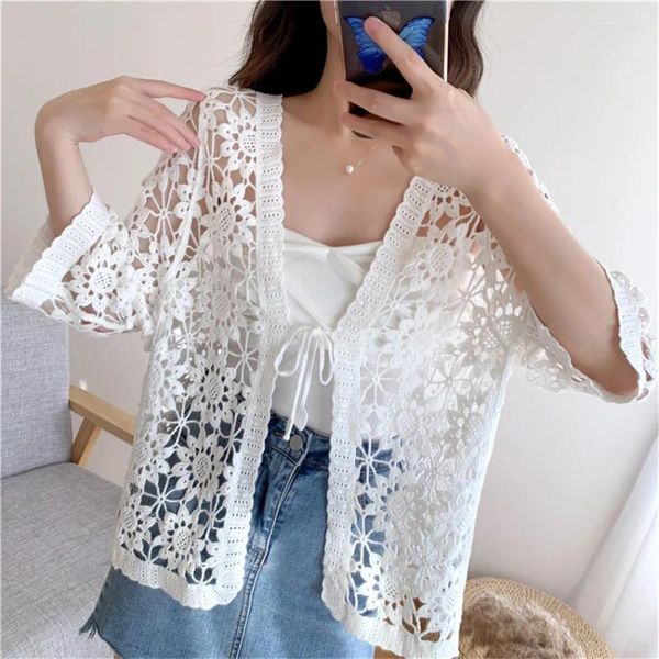 Frauenblusen Sommer Spitzenbluse Urlaub Kimono Strickjacke Frauen Open Stitch Häkelhemd Dünne Sonnenschutzhemden Mantel Blusa Feminina