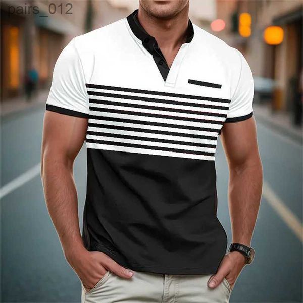 Camisetas masculinas 2024 Summer masculino de manga curta pescoço 3d Impresso digitalmente camisa polo listrada Botão de bolso falso masculino Top casual yq240415