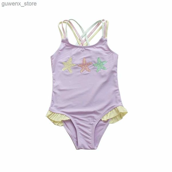 One-Pieces 3 Color Star Sticked Child Girls Kids One Piece Badebode Summer Beach Outdoor Rüsche 3-8 Jahre Baby Kids Badeanzug Strandkleidung Y240412y240417u1ux