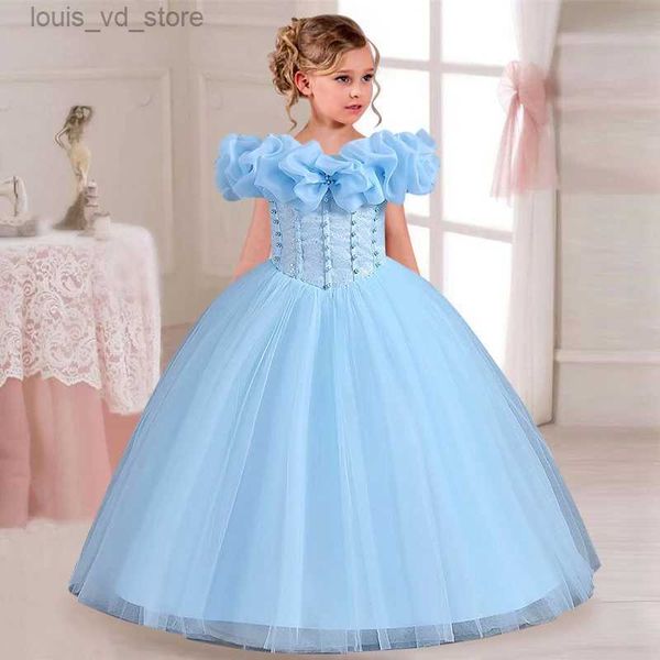 Mädchenkleider Girls Pearl Pailletten Prinzessin Kleid 4-12 Mode von Schulterhasen Kleid Bankett High End Schnürung Abendkleid T240415