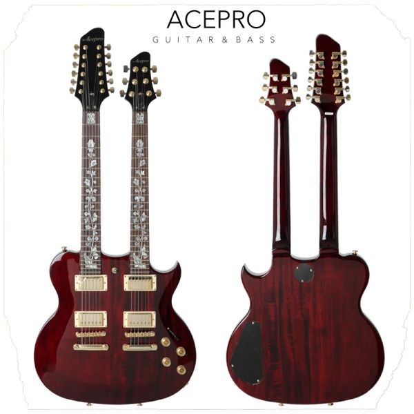 PEGS Wine Red Acepro Doppelhals E -Gitarre mit Basswood Körper geschnitzt obere Abalone Custom Stiel Inlays Gold Hardware Guitarra