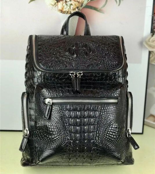 Backpack estilo casual crocodilo genuíno skin empresários zip laptop autêntico verdadeiro jacaré macho macho grande pacote de bolsa de viagem