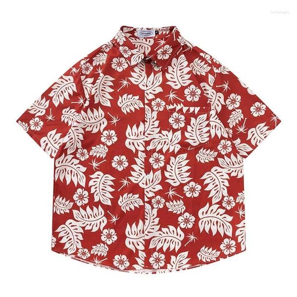 Camicette da donna moda camicie da fiori da uomo hawaiane boho blusa rossa floreale sciolta top di vaso di grandi dimensioni estate abiti da spiaggia a mezza manica