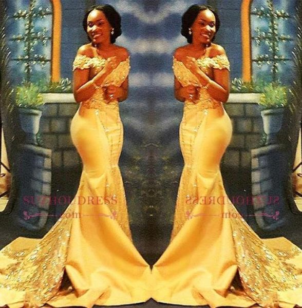 2023 Africanos Nigeriano Amarelo Mermaid Prom Vestidos de ombros de renda de lantejoulas de cetim de lantejoulas Ba8405 GB1109S8620678