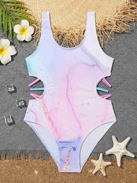 Одноказурный фиолетовый галстук Dye Girls Girls One Piece Swimsuit 7-12 лет Детский купальный костюм вырезал детские купальные костюмы 2024 купальные костюмы Y240412