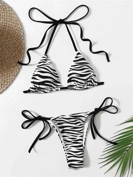 Menas de banho feminina Sexy Zebra Bikini listrado Mulheres Halter Push Up Triangle Triângulo Bathing Bathing Behit Micro 2024 NATAÇÃO