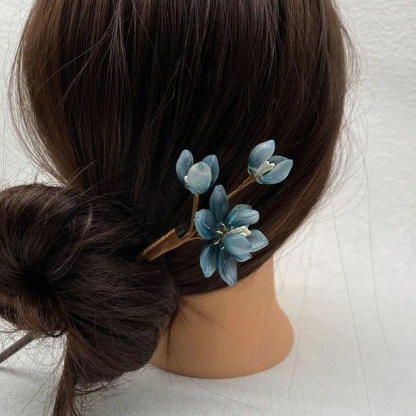 Clipes de cabelo Blue Flower Bust FORRK Estilo antigo Tiara vintage Sandalwood Clop Cheongsam Decor Jóias de bun jóias chinesas