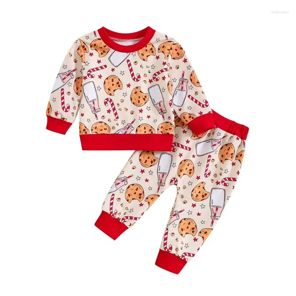 Roupas conjuntos de pudcoco criança menina menina de Natal Roupa de biscoito leite estampa de manga longa moletons e calças 2pcs