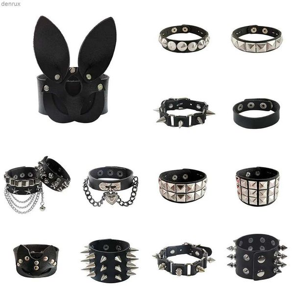 Andere Armbänder schwarzes Leder Armband Armband Manschette Goth Gothic Punk Bracelets Frauen Männer Spikes Nietschuh Bangel Cosplay Rock Unisex JewelryL240416