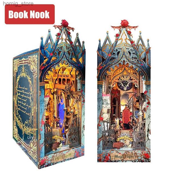 3D головоломки Ury 3d деревянная головоломка Magic Led Led Book Книга Nook Shelf Kit Kit Miniature Fairy Tale Tower Книжная полка лесной книжный книжный книжный книжный книж