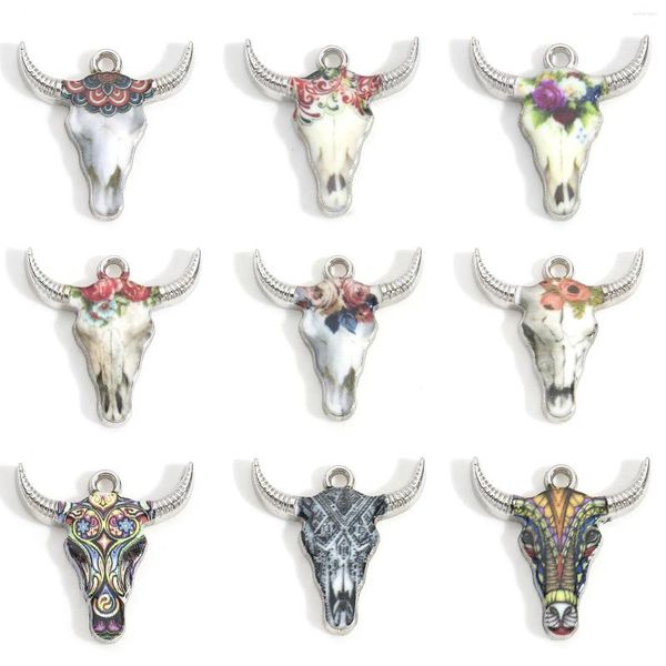 Charms baseados em zinco de zinco Bull Bull Head/ Cow Head Color Silver Pingents Pingentes de esmalte multicolor