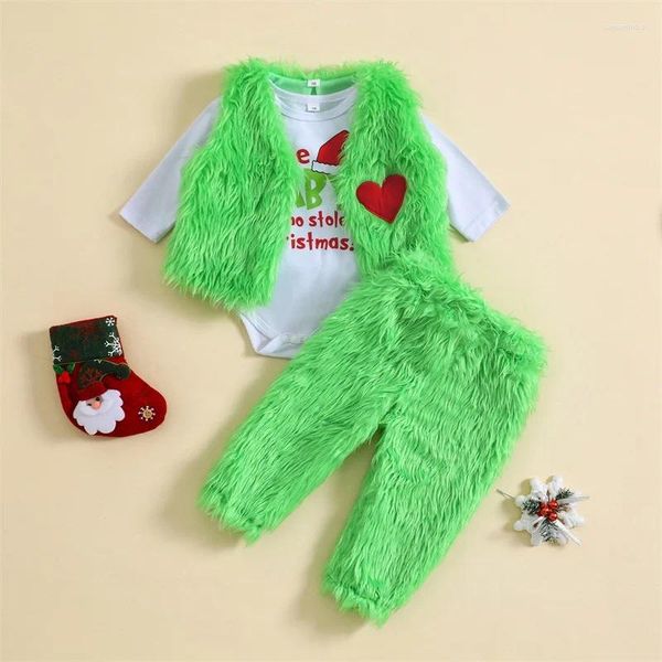 Giyim setleri bebek kızlar erkek erkekler kıyafetler mektup baskı mürettebat boynu uzun kollu atlayıcılar yeşil kürk yelek pantolonları 3pcs Noel kıyafetleri seti