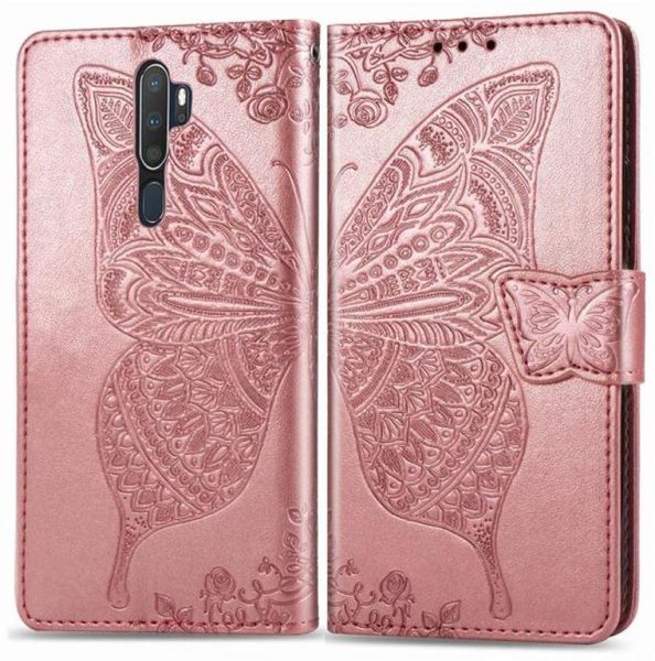 Für OPPO A9 2020 Hülle mit Brieftaschenkartenhalter Telefon Kickstand Magnetic Clip Stanze Konvexe Blumen Schmetterling Muster Handschnüre 25831481