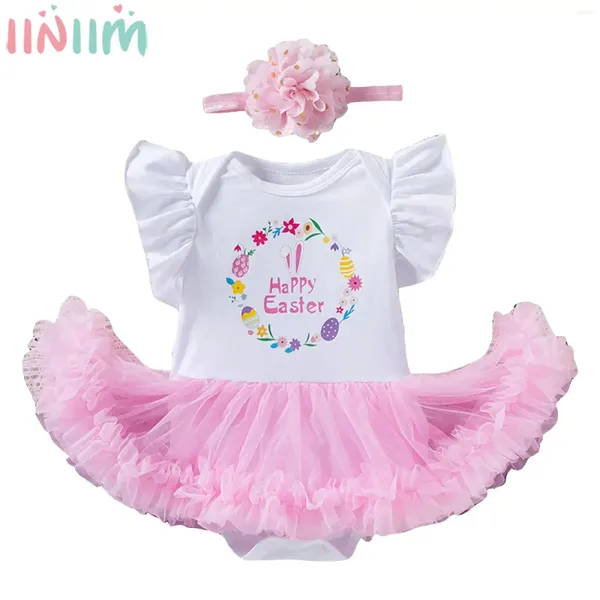 Mädchenkleider Baby Mädchen 1. Geburtstag Ostern Party Kleid Kurzarmdrucken Tutu mit Stirnband Set Taufe Hochzeit täglich