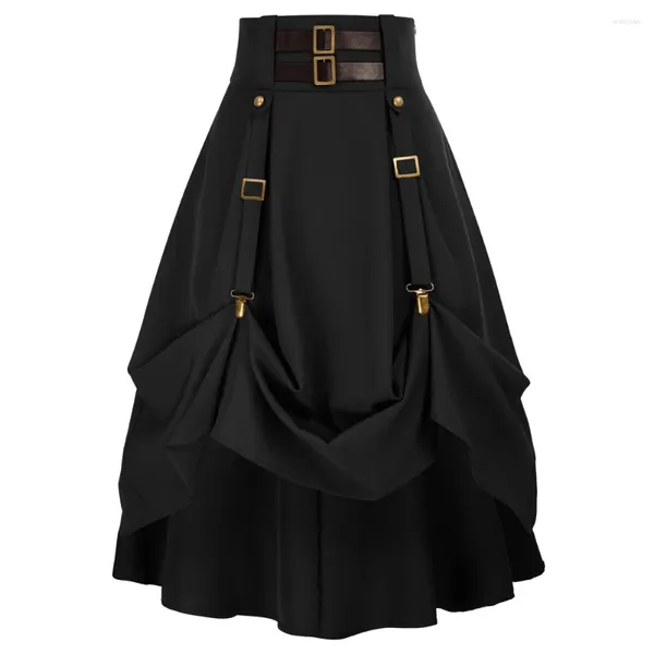 Röcke Sd Goth Steampunk A-Line Frauen Renaissance Elastizität hoher Taille ausgestattet verstellbarer Gürtel Punkrock mit Tasche