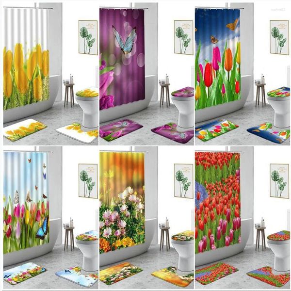 Duschvorhänge gelbe Tulpevorhang Pflanze Blumen Schmetterling Frühlingslandschaft Home Dekoration Set Nicht-rutschfeste Badematte Toilettenabdeckung