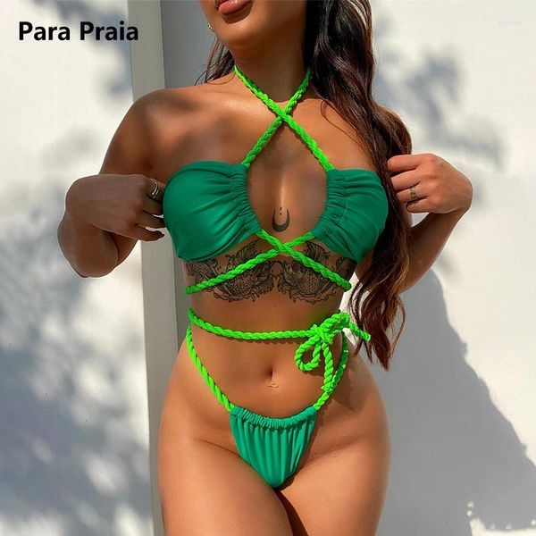 Frauen Badebekleidung Para Praia Green Cross Halhter Bikini 2024 Sexy Frauen brasilianischer Badeanzug um Verband Biquini aus Schnitt aus dem Badeanzug