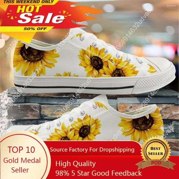 Tênis de sapatos casuais para mulher linda flor amarela girassol baixo tampo branco preto designer de lona lady zapatos para mujeres