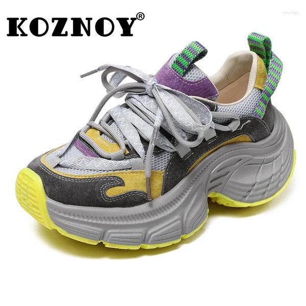 Freizeitschuhe Koznoy 6,5 cm Kuh Wildleder echtes Leder Chunky Sneaker Mary Jane Women Boots Retro Pils Mules Luxusplattform Keil Sommer