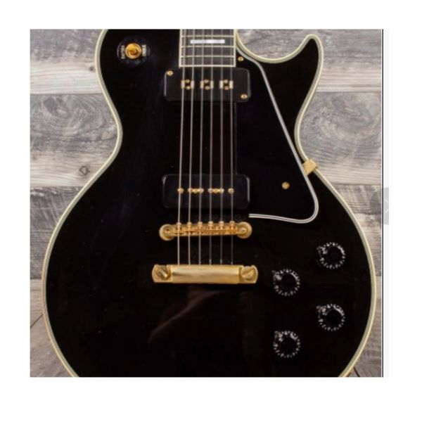 Cabos Ybest, formato projetado próprio, guitarra elétrica cor preta sólida, com peças douradas, braço de ébano, captadores de formato de sabão preto