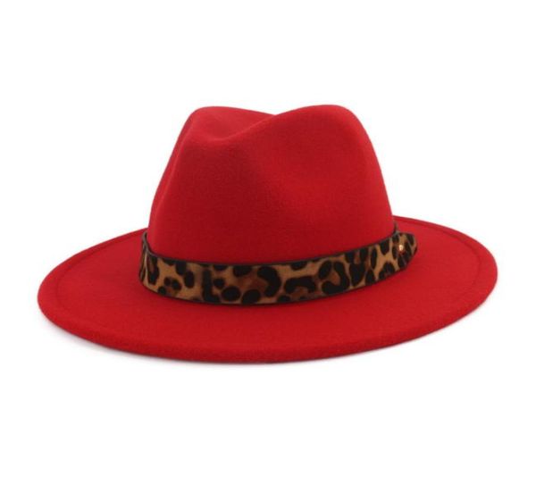 Moda unissex european americano aba plana jazz fedora chapéu de leopardo decoração de cinto de grã