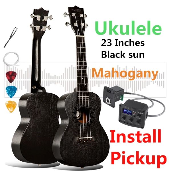 Cabos ukulele 23 polegadas de mogno Mini guitarra elétrica 4 strings ukelele guitarra install pickup retrostila de sol preto