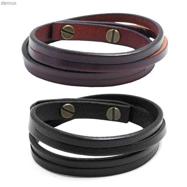 Outras pulseiras kiirykle simples pulseiras de couro duplo de dois andares para homens punk marrom/preto punho jóia garoto presentel240415