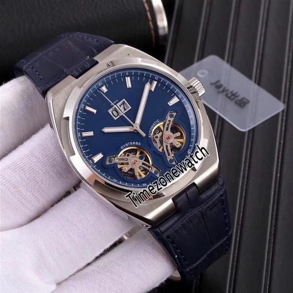 Новая зарубежная большая дата сталь стальной корпус Double Tourbillon Blue Dial Automatic Mens Mens Watch Blue Leather Strap Gents Watch Watches 8 272b