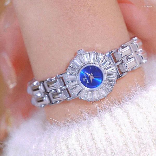 Armbanduhr Schmuck sieht Luxus -Strass -Strass -Sapphire Blue Dial Stahlstreifen wasserdichte Quarz Uhr Women's Clock Relogios Feminino