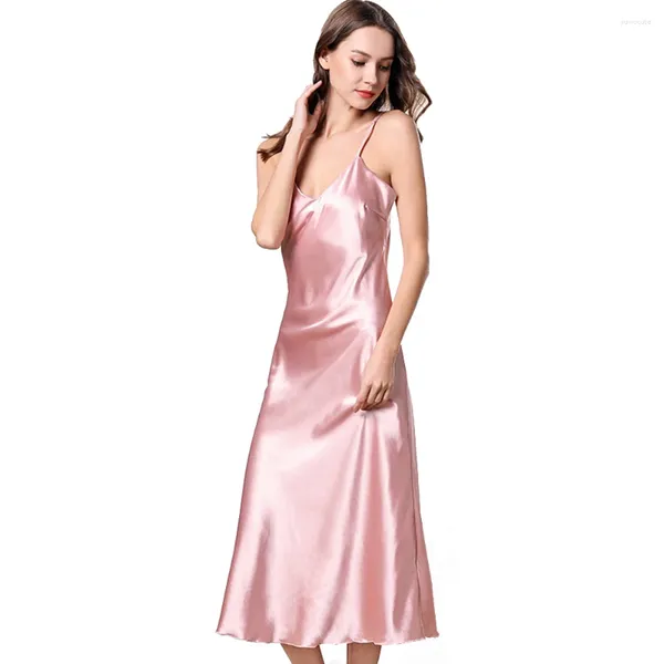 Frauen Nachtwäsche Satin Nachteile rosa Seiden Nachthemd v Hals Verstellbarer Spaghetti -Gurt Langes Slip -Kleid Cami Schlaf Nachthemd