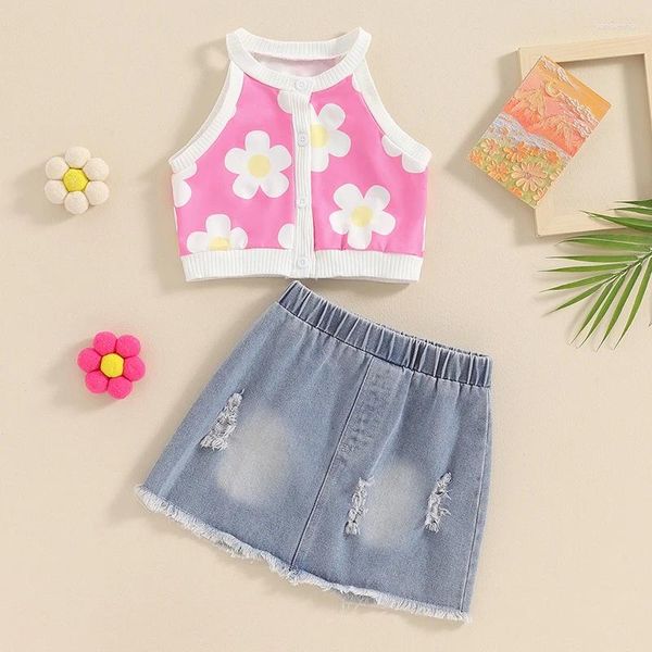 Roupas conjunta crianças meninas meninas botão floral para baixo coletes de tanque e rasgado de mini -saia de jeans de duas peças roupas de criança