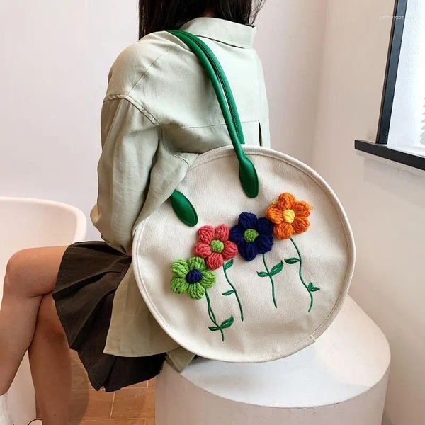 Umhängetaschen Leinwandbeutel Frauen koreanische süße Blumen Applikationen Kreis Handtasche für Mädchen