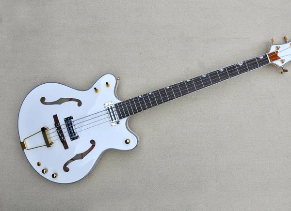 Guitarra semi hollow 4 strings white body bass guitar com hardware de ouro fornece serviço personalizado