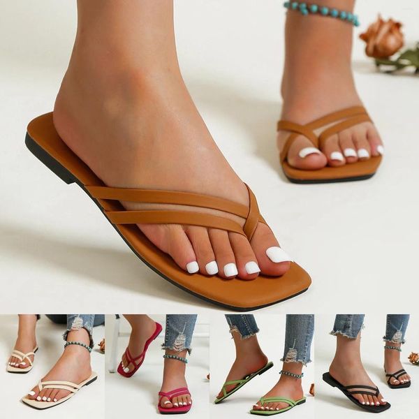 Slippers Ladies Fashion Summer Solid Color Leather Strap dedo dedo preso praia plana divertida mulher mulher tamanho 9