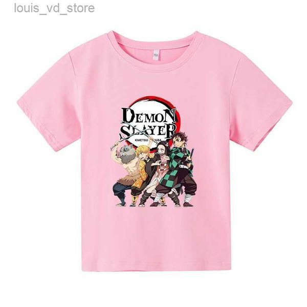 Set di abbigliamento top a maniche corte casual estate anime anime demon killer stampa t-shirt a collo rotondo per bambini adatti ragazze di età compresa tra 3 e 12 t240415