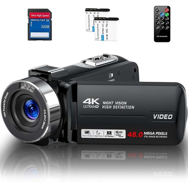 Capture Vídeos e fotos impressionantes de 4K Ultra HD com nossa câmera de vídeo de 48MP com IR Night Vision, 18x Digital Zoom, 270 ﾰ Rotação, tela sensível ao toque e controle remoto