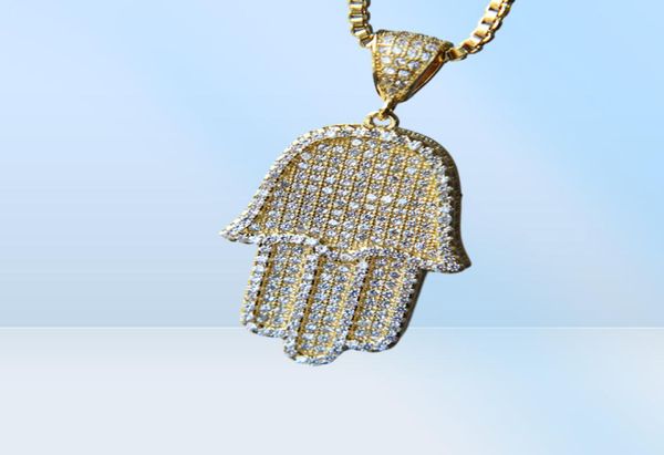 Cadeia de caixa de bling de qualidade de hip hop 24 polegadas homens casal casal color de prata dourado gelo fora Hamsa colar de pendente de mão com cz333b2531411