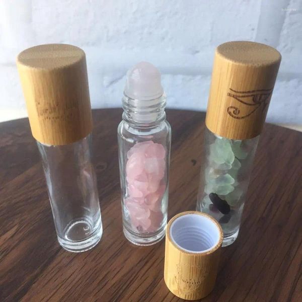 Garrafas de armazenamento 10 ml de vidro transparente bola de vidro Eco Bamboo tampa de tampa de brilho labial Tubos de óleo essencial com pedra preciosa