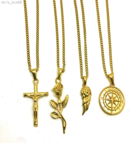 Fashion vintage hip hop hip hop jus crocifisso a pendente color gols bussola in acciaio uomo collana ala di piume9767147