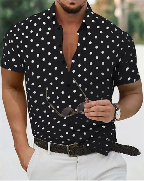 Мужская рубашка летнее пляж Черно -белый с коротким рукавом в горошек для лацка для лацки модный случай удобный 5xl 240415