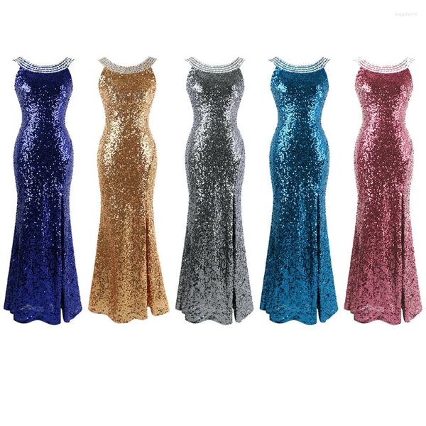 Partykleider Angel-Fashions Damen Rückenless runder Hals Perlen Sparkle Pailletten Abschlussball Split Flapper Abendkleid Kostümkleid