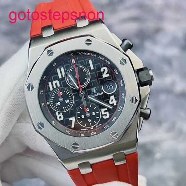 Male AP Wrist Watch Real Royal Oak Offshore Series 26470ST Primeira geração Vampire Red Needle Timing Automático Mechanical Watch Mens 42mm