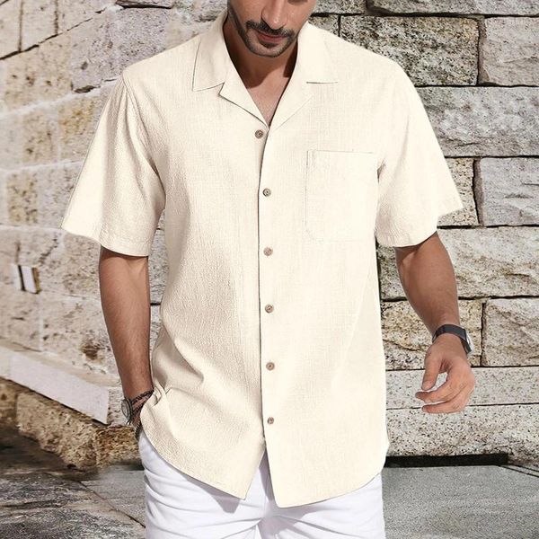 Camicie casual maschile per il tempo libero a colori solidi maschile in lino cotone camicia corta manica corta collare a pezzi di giratto estate traspirante