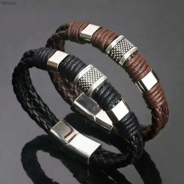 Altri braccialetti vintage in pelle marrone vintage braccialetti per uomo marito in acciaio inossidabile multistrato intrecciato intrecciato di gioielli da polpetta regalo Pulsera Hombrel240415