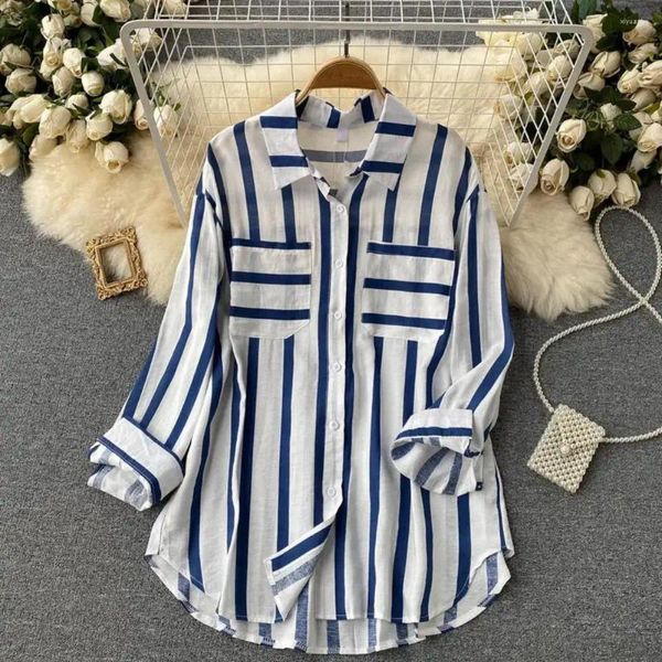 Camicette da donna da donna camicia casual manica lunga a lungo lunghezza striscia verticale a petto singolo estate elegante camicetta da donna elegante