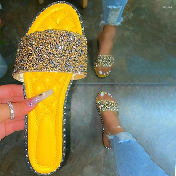 Slippers Comemore sem os controles deslizantes de salto confortáveis Sandálias femininas de moda de verão 2024 Bling Slides Women Shoes planos 43